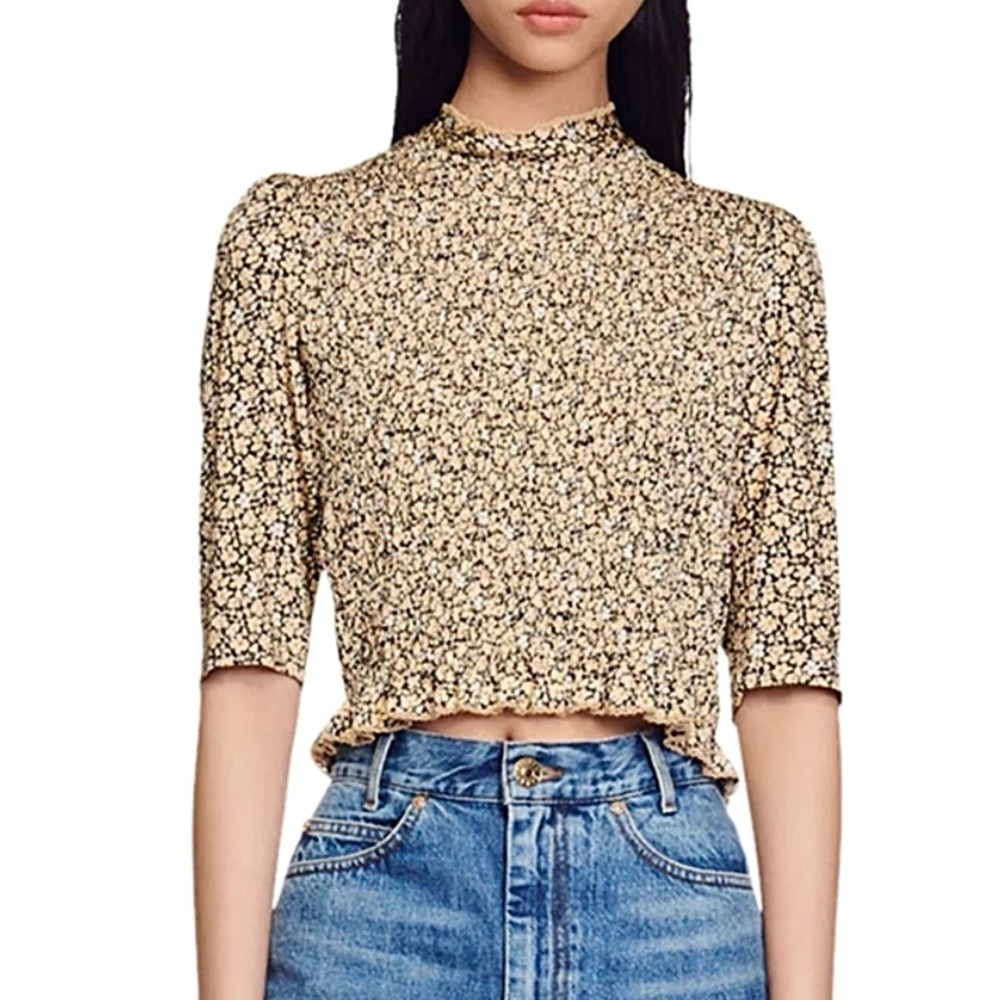 Sandro Gigi Floral Print Smocked Tee Blouse Top Womens S mock neck puff shoulder
